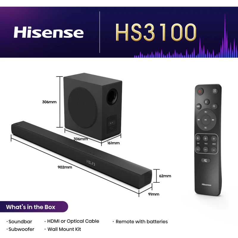 Image of Hisense HS3100 3.1 Soundbar with Wireless Subwoofer - Black