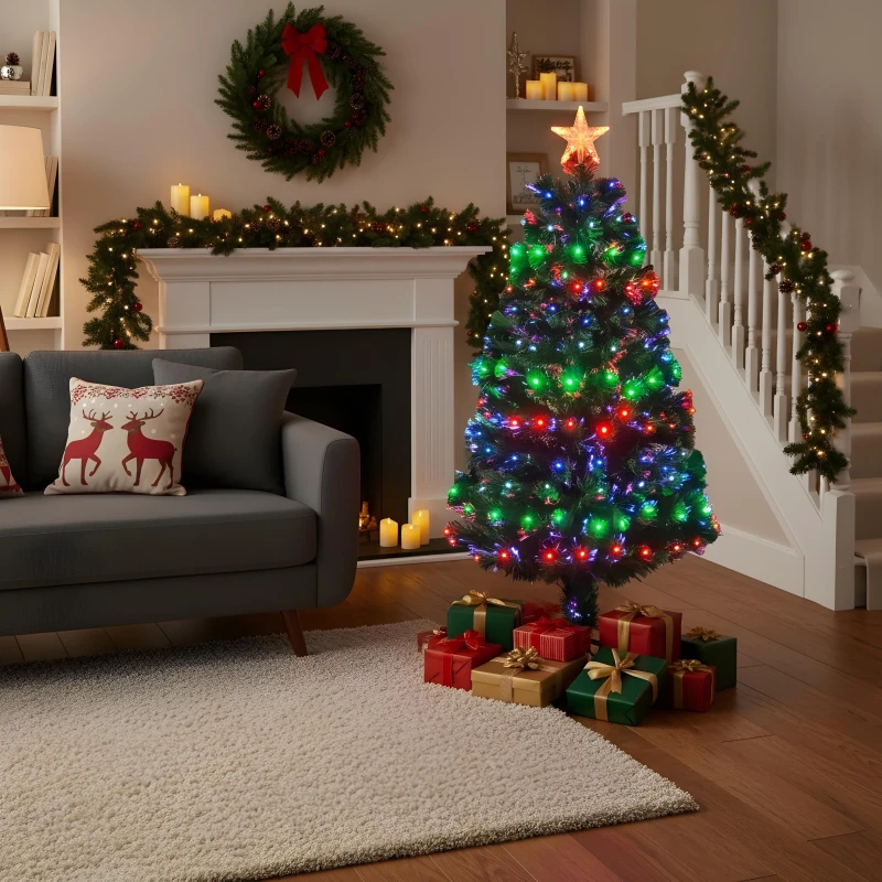 Image of Shatchi 4ft/120cm Multicolour 8 Modes Fibre Optic Christmas Tree LED Pre-Lit Green