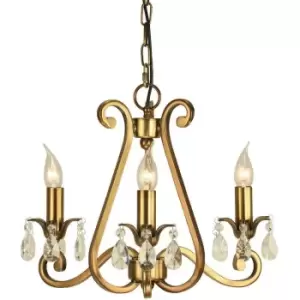 image of Esher Ceiling Pendant Chandelier Antique Brass & Crystal Curved 3 Lamp Light