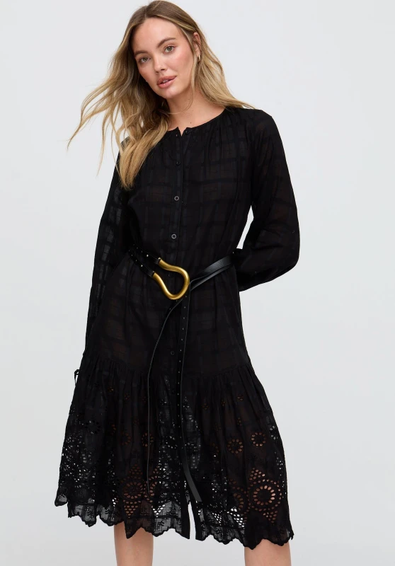 Image of Raffya Womens Olivia Button Down Embroidered Midi Dress In Black Size: 14 Black Female 14