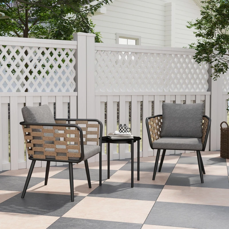 Image of Outsunny 3 Pieces Rattan Bistro Set, Wicker Garden Furniture Set w/ Cushions Black