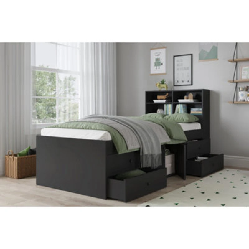 Image of Kidsaw Captain's Single 3ft Black Cabin Bed With Bookcase Headboard