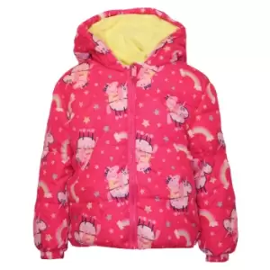 Image of Peppa Pig Girls Peppa On A Unicorn Puffer Jacket (1-2 Years) (Pink/White/Yellow)