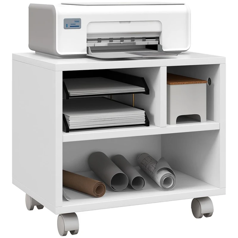 Image of HOMCOM Homcom - 2-Tier Printer Stand with Storage, Under Desk Printer Cart on Wheels with 3 Compartments, Desktop Printer Table for Home Office White