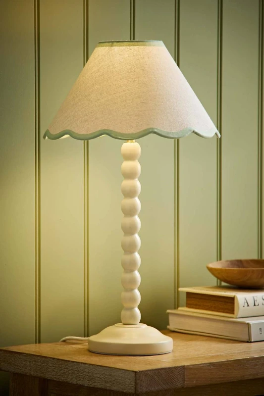 Image of ValueLights Bobbin Colour Trim Linen Shade Cream Bobble Table Lamp in Pale Green Pale Green Unisex