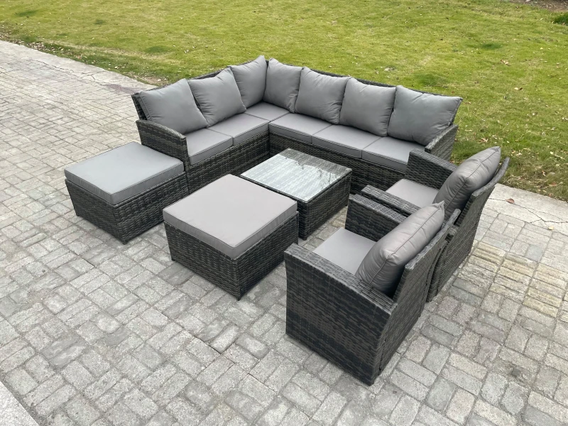 Image of Fimous 10 Seater Outdoor Garden Furniture Set Wicker PE Rattan Corner Sofa Set with Square Coffee Table 2 Big Footstool in Dark Grey Dark Grey Unisex