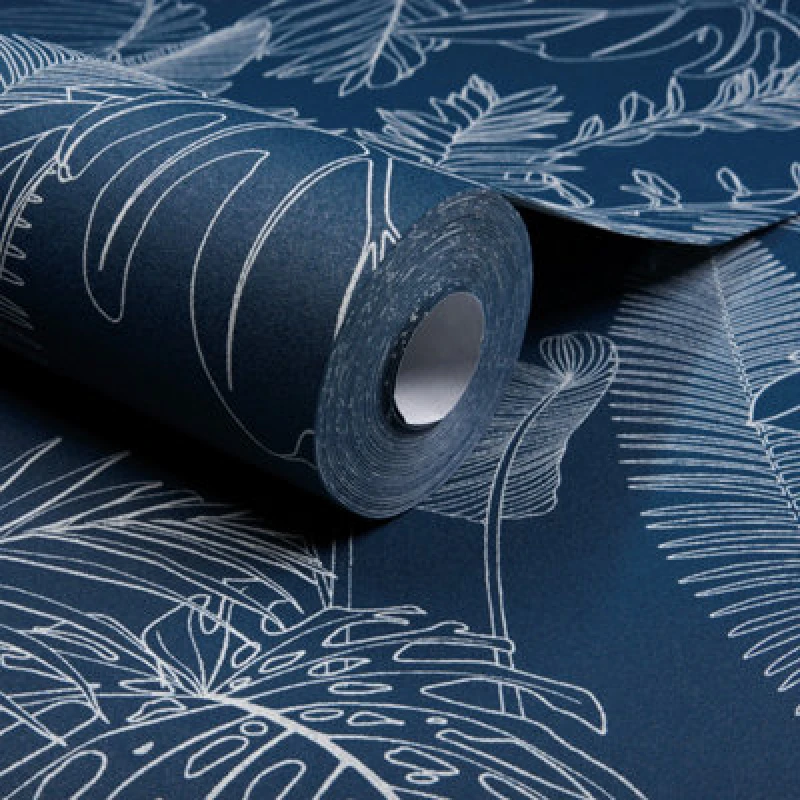 Image of Grandeco Galapalos Sketch Leaf Sprig Foliage Blown Vinyl Wallpaper, Navy