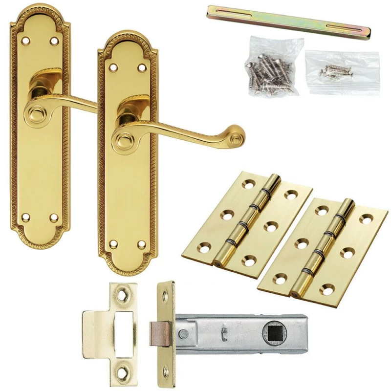 Image of Loops Door Handle & Latch Pack Brass Slim Victorian Scroll Lever Reeded Backplate Metallics