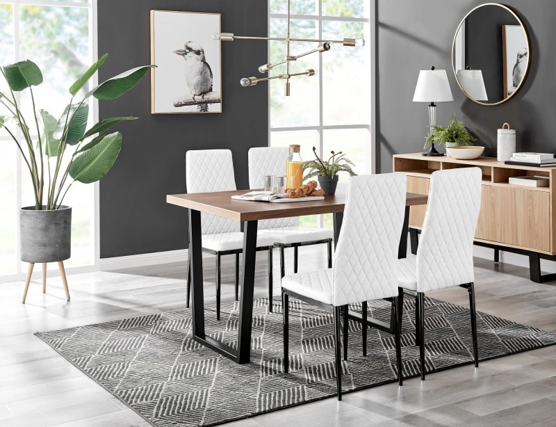Image of FurnitureboxUK FurnitureboxUK Kylo Brown Wood Effect Dining Table With Black 'U' Legs & 4 Milan Faux Leather Chairs in White White One Size Unisex 505