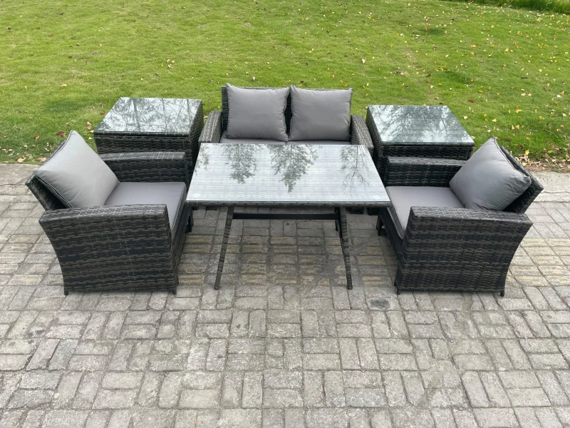 Image of Fimous Outdoor Garden Furniture High Back Rattan Sofa Dining Table Set with 2 Side Tables Dark Grey Mixed Dark Grey Unisex