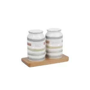 image of Classic Collection Vintage-Style Ceramic Salt and Pepper Shakers with Wooden Tray