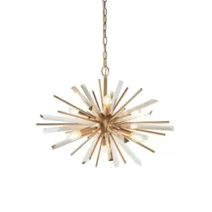 Image of Large Antique Brass Ceiling Pendant Light - 6 Bulb Hanging Fitting - Prism Glass