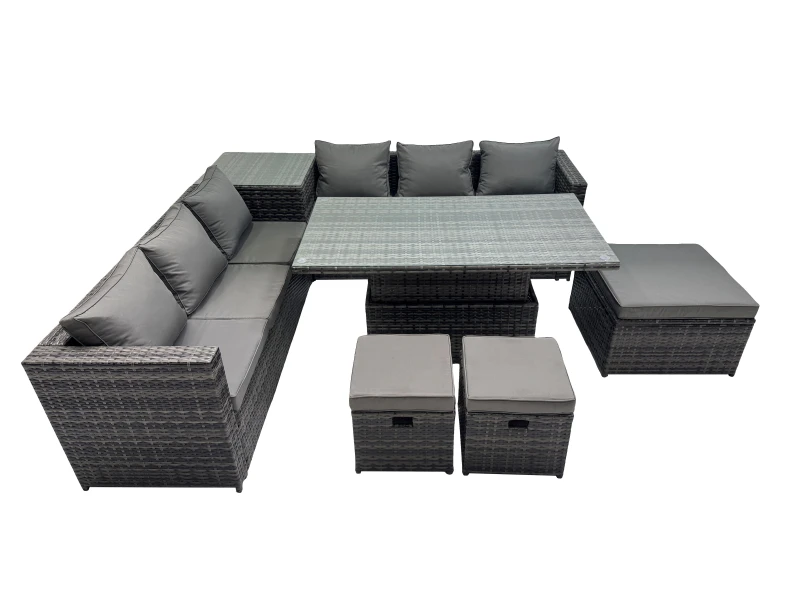 Image of Fimous 9 Seater Outdoor Garden Rattan Furniture Set with 3 Stools Side Table in Dark Grey Dark Grey Unisex