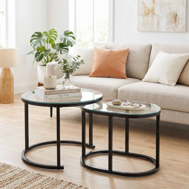 Image of HOMCOM 2 Pcs Modern Coffee Table with Tempered Glass Tabletop, Black Unisex