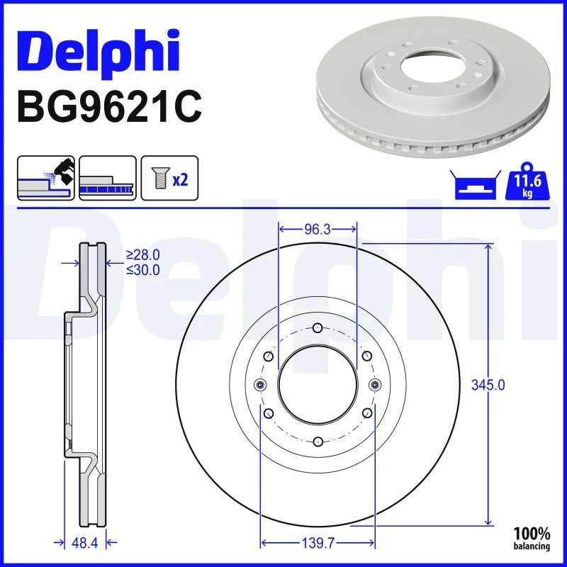 Image of DELPHI Brake disc DELPHI BG9621C