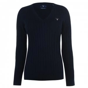 image of Gant Cable Knit V Neck Jumper - 433 Navy