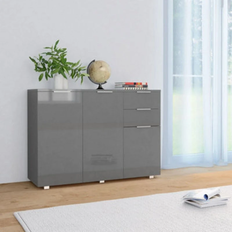 Image of vidaXL Sideboard High Gloss Grey Home Living Room Storage Drawer Side Cabinet