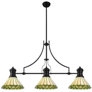 Image of Luminosa Lighting - Luminosa Worcester, 3 Light Linear Ceiling Pendant E27 With 30cm Tiffany Shade, Matt Black, Green, Cream, Crystal