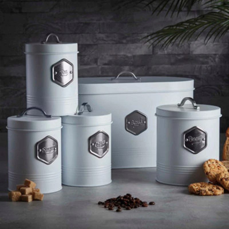 Image of Cooks Professional Kitchen Storage Canister Jar Storage Set Bread Bin Sugar Tea Coffee White Silver White