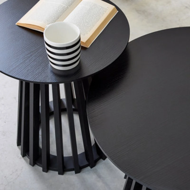 Image of Sweeek - Set Of 2 Round Coffee Tables With Black Wood-Effect Tops And Fir-Wood Legs 40Cm And 60Cm