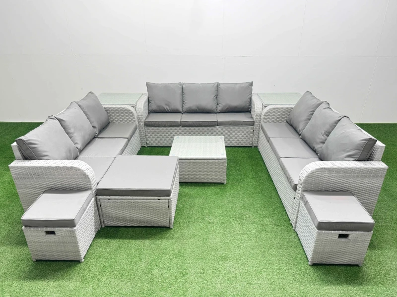 Image of Fimous PE Rattan Lounge Sofa Set 12 Seater Outdoor Garden Furniture Set with Square Coffee Table 3 Seater Sofa 3 Stools 2 Side Table Light Grey Light