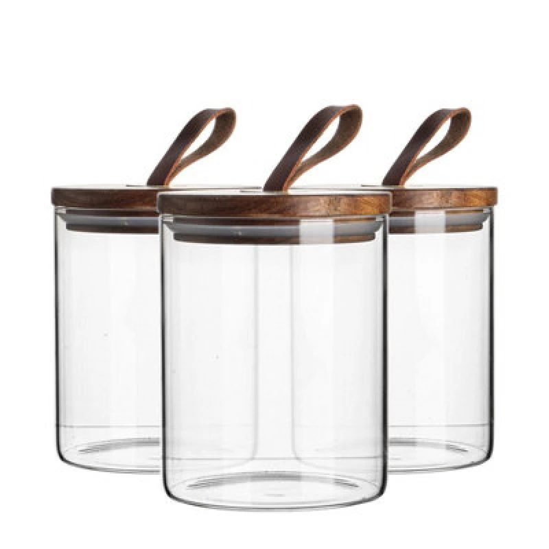 Image of Argon Tableware Scandi Storage Jar with Leather Loop Lid 750ml Pack of 3 Clear