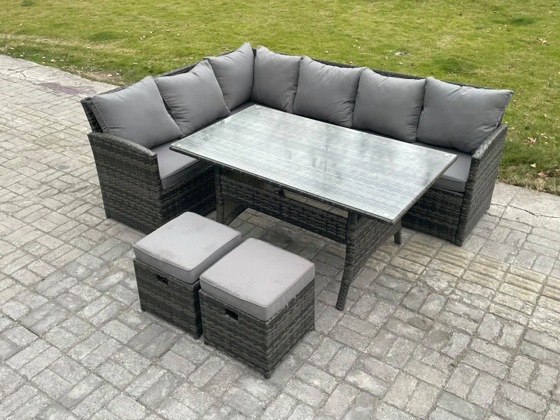 Image of Fimous Outdoor Rattan Garden Furniture Corner Sofa Set with Rectangular Dining Table 2 Small Footstools Patio Wicker Rattan Set in Dark Grey Dark Grey