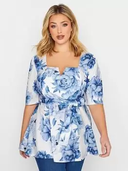 Image of Yours Floral Notch Neck Peplum Top, White, Size 16, Women