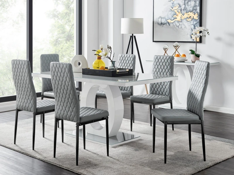 Image of FurnitureboxUK FurnitureboxUK Giovani 6-Seater Grey Glass Dining Table and 6 Milan Faux Leather Dining Chairs Grey One Size Unisex 5056542650666