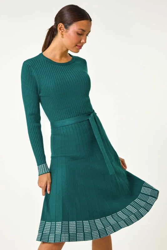 Image of Roman Womens Ribbed Stretch Knit Border Print Dress in Teal Size: 20 Teal Female 20