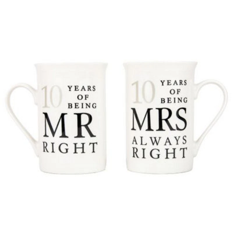 Image of Happy Homewares Ivory White 10th Anniversary Mr Right & Mrs Always Right Ceramic Mug Gift Set