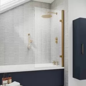 image of Pacific Brushed Brass Square Hinged Bath Screen 1520mm h x 830mm w - 8mm Glass - Nuie