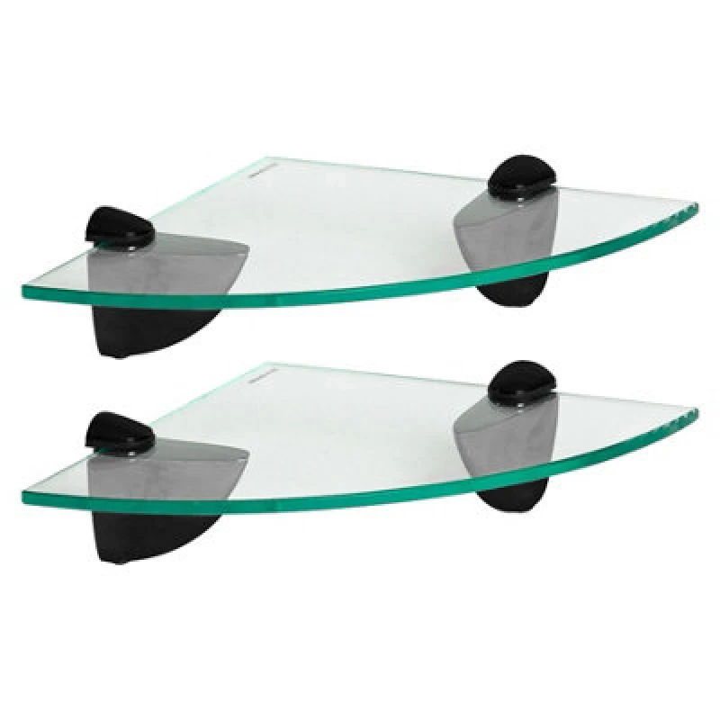 Image of Harbour Housewares 2X Floating Glass Corner Shelves - 20Cm - Black Brackets - Bathroom Shower Storage Vanity Display Unit Shelf