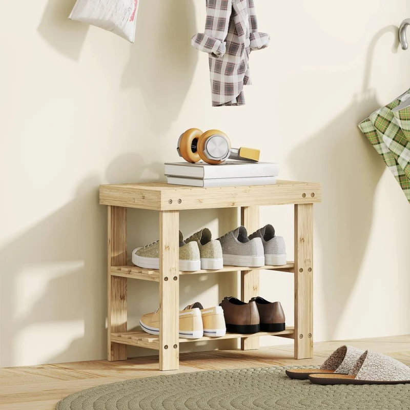 Image of HOMCOM 3-Tier Bamboo Shoe Bench with 2 Shelves for Entryway, Wood Finish in Natural Natural Unisex