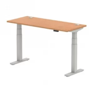 image of Air 1400 x 600mm Height Adjustable Desk Oak Top Cable Ports Silver Leg