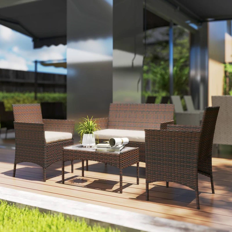 Image of OUTSUNNY 4 Piece Rattan Garden Furniture Sofa Set with Cushions in Brown Brown Unisex
