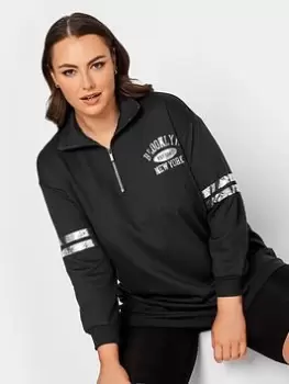 image of Yours Metallic Varsity Half Zip Sweatshirt, Black, Size 18, Women