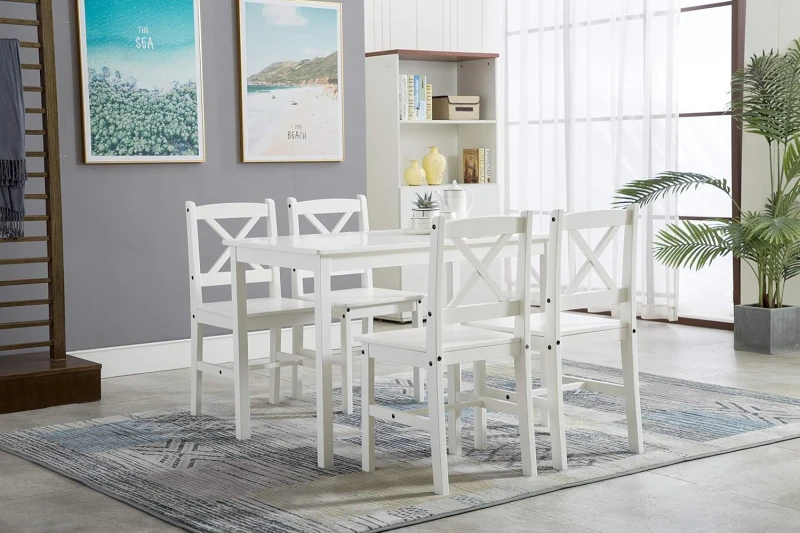 Image of MCC Direct Solid Wooden Kitchen Dining Table & 4 Chairs in White White Unisex