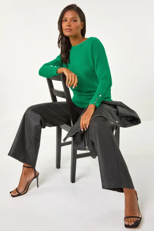 Image of Roman Womens Button Sleeve Fluffy Jumper in Green Size: 18 Green Female 18