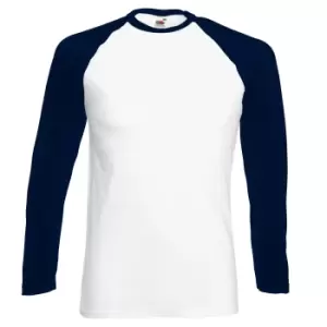 image of Fruit Of The Loom Mens Long Sleeve Baseball T-Shirt (L) (White/Deep Navy)