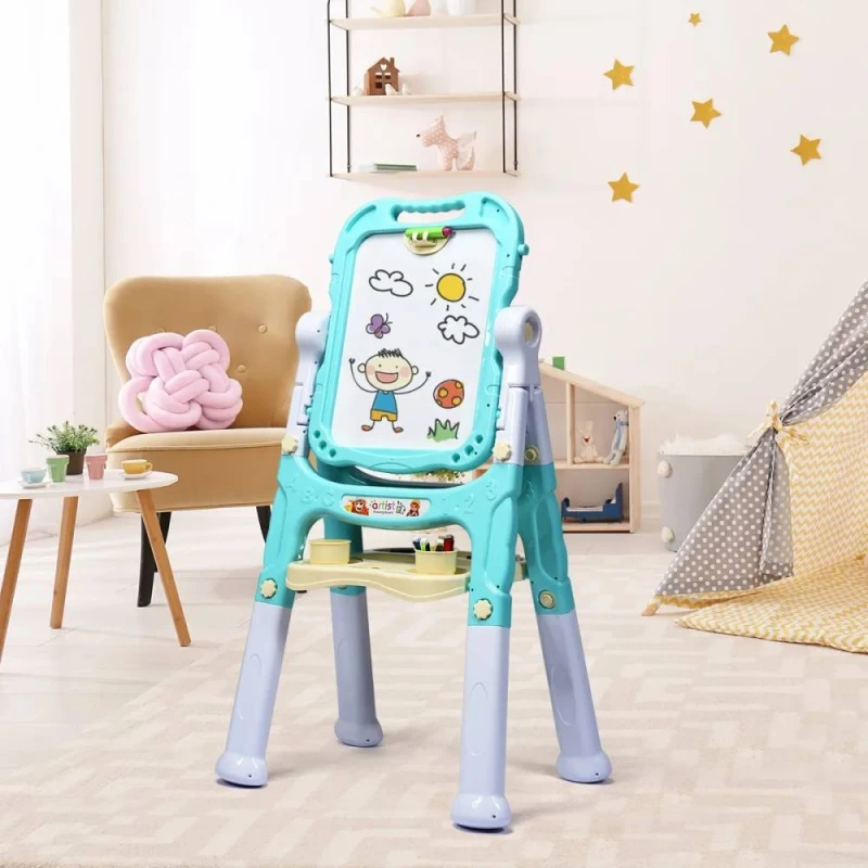 Image of COSTWAY Double Sided Easel Height Adjustable Standing Drawing Board with Storage Green
