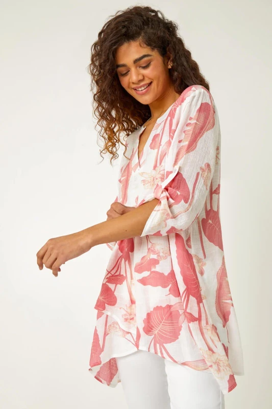 Image of Roman Womens Palm Print V-Neck Wrap Hem Tunic Top in Coral Size: 12 Coral Female 12