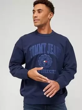 image of Tommy Jeans Reverse Slub Logo Sweatshirt - Twilight Navy, Twilight Navy Size M Men