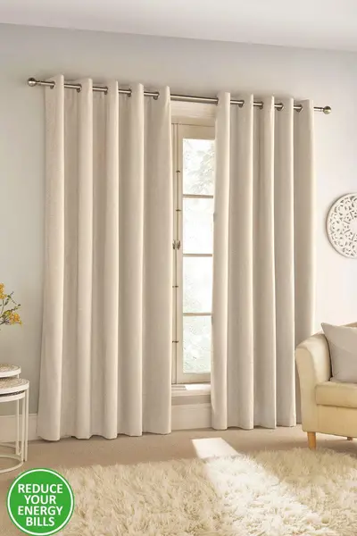 Image of Enhanced Living Savoy 100% Blackout, Thermal, Velvet/Chenille Eyelet Pair of Curtains Cream