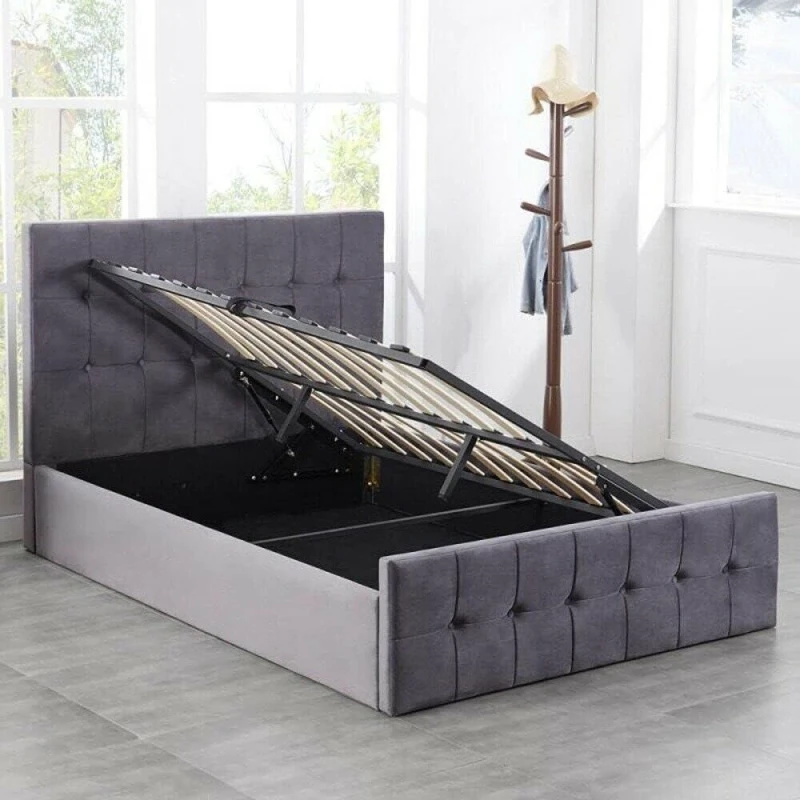 Image of KOSY KOALA Ottoman Storage Bed grey 4ft 6 small double velvet and 1 Mattress cushioned bedroom Grey