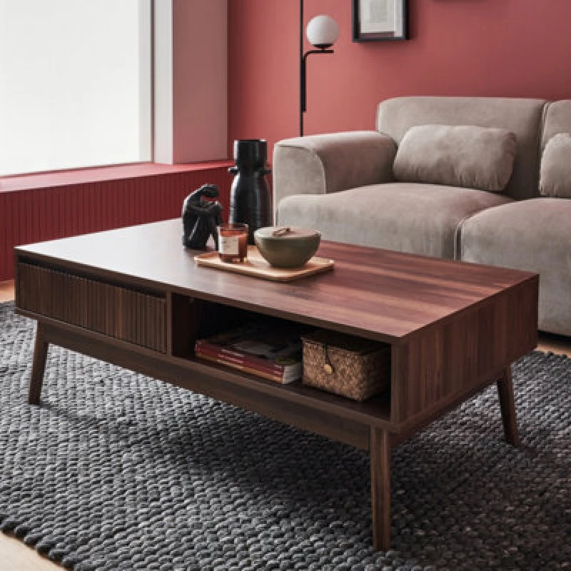 Image of Sweeek - Grooved Wood Detail Coffee Table Linear Dark Wood Colour 110X59X39 Cm