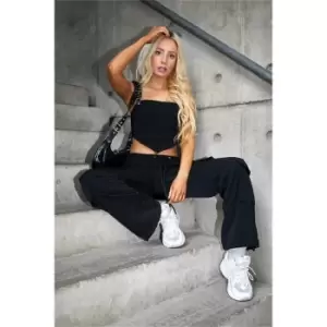 image of I Saw It First Black Premium Woven Hanky Hem Crop Top Co-Ord - Black