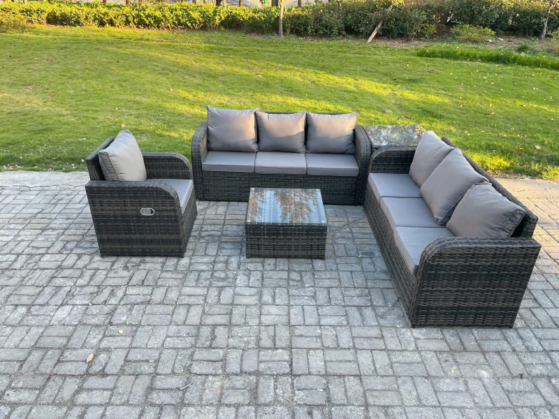 Image of Fimous Outdoor Rattan Garden Furniture Set Conservatory Patio Sofa Coffee Table With Reclining Chair Side Table Dark Grey Mixed Dark Grey