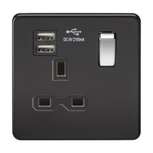 image of KnightsBridge 1G 13A Screwless Matt Black 1G Switched Socket with Dual 5V USB Charger Ports - Black Insert