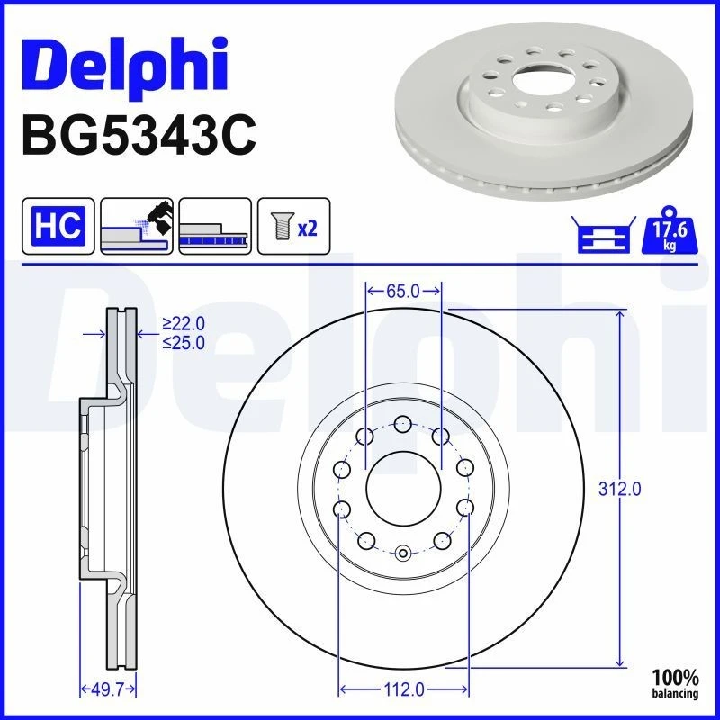 Image of DELPHI Brake disc DELPHI BG5343C